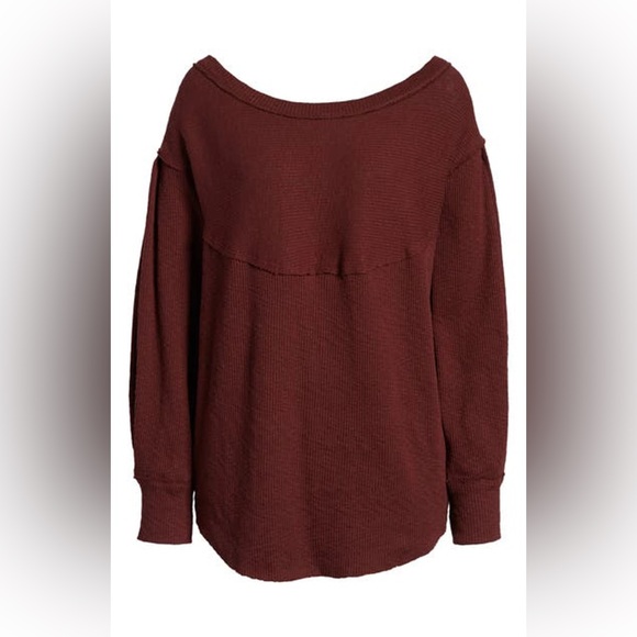 Free People Volume Sleeve Thermal Top Burgundy Cherry Cola Ribbed Oversized - Picture 9 of 9